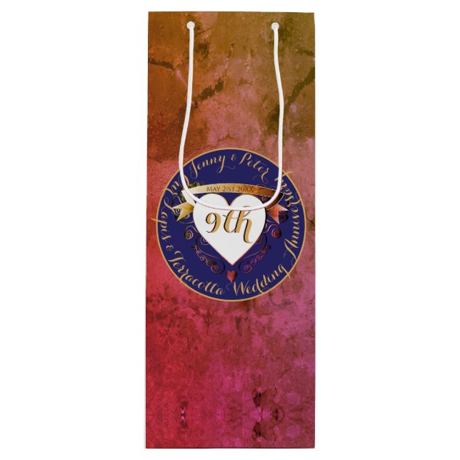 Pour Bouteille Sac cadeau 9e Anniversaire en terre cuite et lapis (Devant)