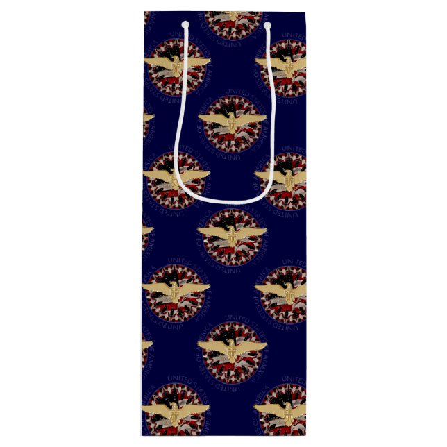 Pour Bouteille Sac cadeau Aigle et Drapeau, Bleu-Vin (Devant)