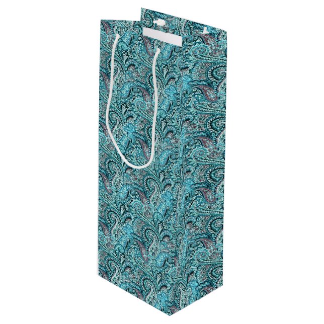 Pour Bouteille Sac cadeau classique Paisley Vin Turquoise (Devant Angle)