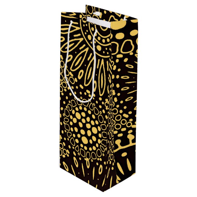 Pour Bouteille Sac cadeau de vin à fleurs ethniques or noir (Devant Angle)