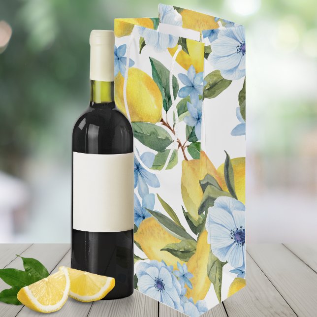 Pour Bouteille Sac cadeau de vin au citron et à la fleur à l'aqua (Trendy Sweet Watercolor Lemon & Flower Wine Gift Bag in Dusty Slate Blue.)