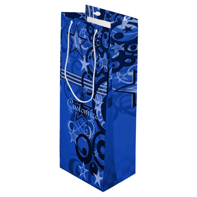 Pour Bouteille Sac cadeau Retro Circles & Etoiles Bleu Vin (Devant Angle)