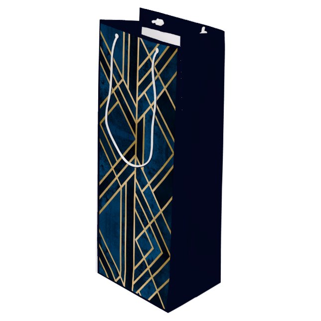 Pour Bouteille Sac cadeau Vin - Art Déco Bleu & Or Miroir (Devant Angle)