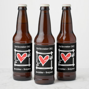 Pour Bouteilles De Bière Personnalisé Mariage Amour Coeur Noir & Étiquette