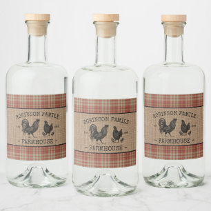 Pour Bouteilles De Liqueur Rooster Fermier Hen Red Plaid Burlap Étiquettes