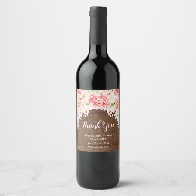 Pour Bouteilles De Vin Aquarelle rose Baby shower Floral Étiquette (Devant)