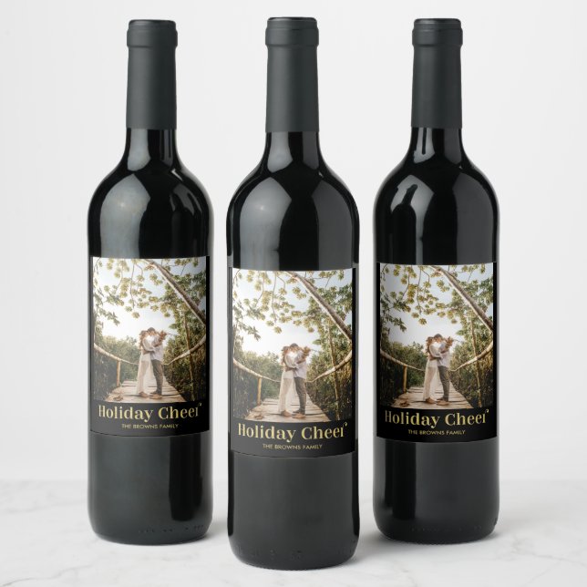 Pour Bouteilles De Vin Black & Gold Modern Holiday Cheval Photo Étiquette (Bouteilles)