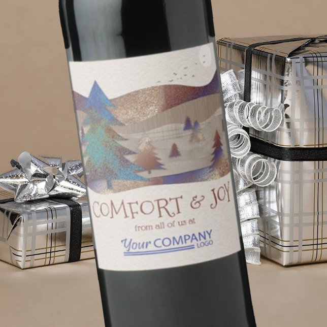 Pour Bouteilles De Vin Brown rustique, Bleu, Turquoise Forêt, Étiquette d (company Christmas logo wine labels, corporate holiday stickers, rustic pine trees brown beige forest)