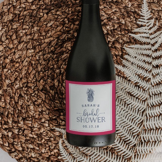 Pour Bouteilles De Vin Fête des mariées d'ananas rose et marine Étiquette (Créateur téléchargé)