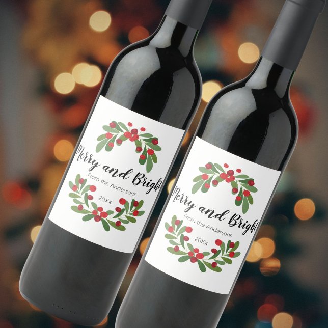 Pour Bouteilles De Vin Joyeux et lumineux Mistletoe Vacances Étiquette (Créateur téléchargé)