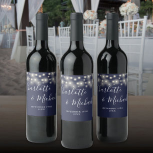 Pour Bouteilles De Vin Lumières Guirlandes Mariage Bleu Nuit Étiquette Pe