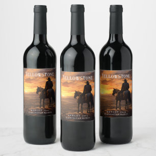 Pour Bouteilles De Vin Mockup Cowboy, Cheval, Coucher du soleil Étiquette