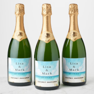 Pour Bouteilles De Vin Mousseux Aquarelle Blue Ocean Beach Vins Étiquettes