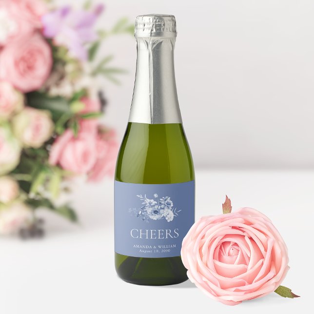 Pour Bouteilles De Vin Mousseux Étiquettes florales bleu poussiéreux “TCHIN TCHIN” (Créateur téléchargé)