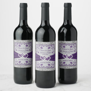 Pour Bouteilles De Vin Purple, Grey Love Hearts Mariage Boisson Étiquette