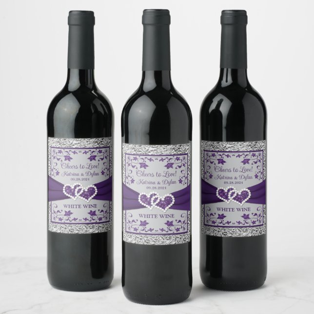 Pour Bouteilles De Vin Purple, Grey Love Hearts Mariage Boisson Étiquette (Bouteilles)