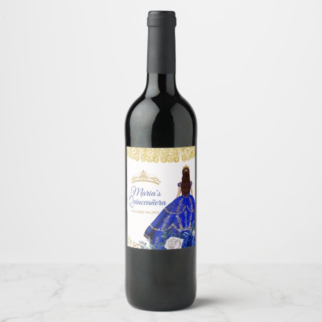 Pour Bouteilles De Vin Quinceañera Royal Blue Wine Bottino Étiquette (Devant)