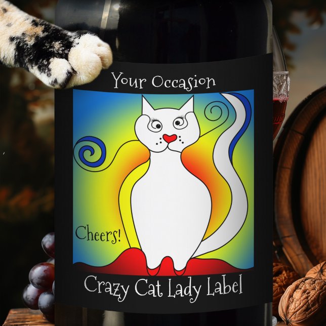 Pour Bouteilles De Vin Votre Occasion Crazy Cat Lady Wine Étiquette (Whimsical wine label featuring a Mondriaan inspired cat in primary colors)