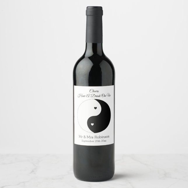 Pour Bouteilles De Vin Yin Yang Coeurs Noirs Et Blancs Mariage Étiquette  (Devant)