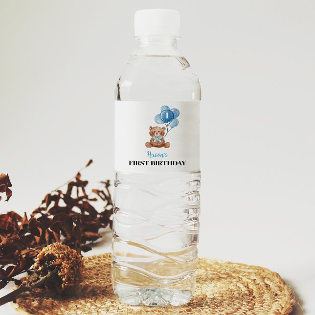 Pour Bouteilles D'eau Blue Teddy Bear 1er Birthday Étiquette de bouteill (Créateur téléchargé)