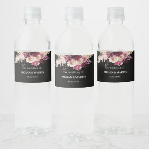 Pour Bouteilles D'eau Boho Rose Bourgogne Noir Mariage Étiquette bouteil