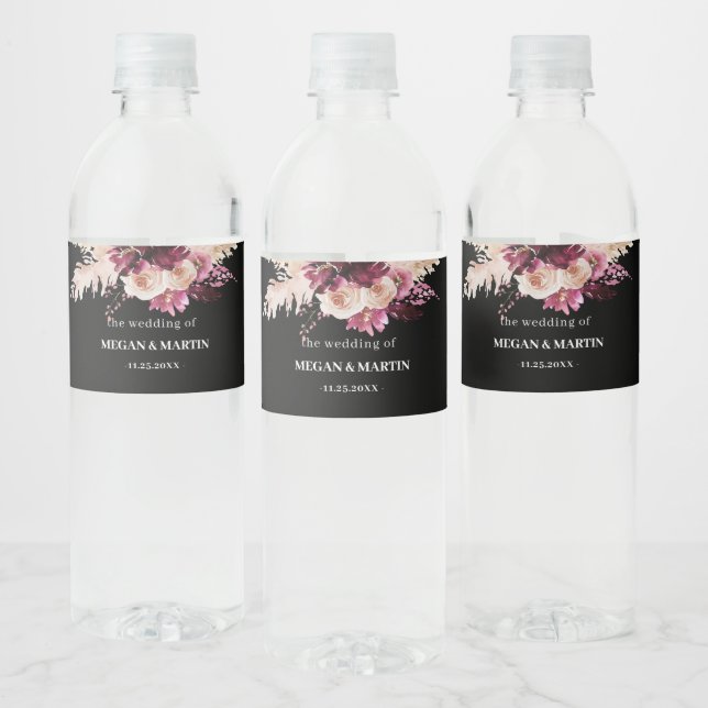 Pour Bouteilles D'eau Boho Rose Bourgogne Noir Mariage Étiquette bouteil (Bouteilles)