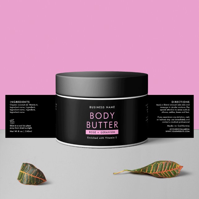 Pour Bouteilles D'eau Étiquette de bocal cosmétique moderne noir et rose (Modern Black and Pink Body Butter Cosmetic Jar Waterproof Product Label)