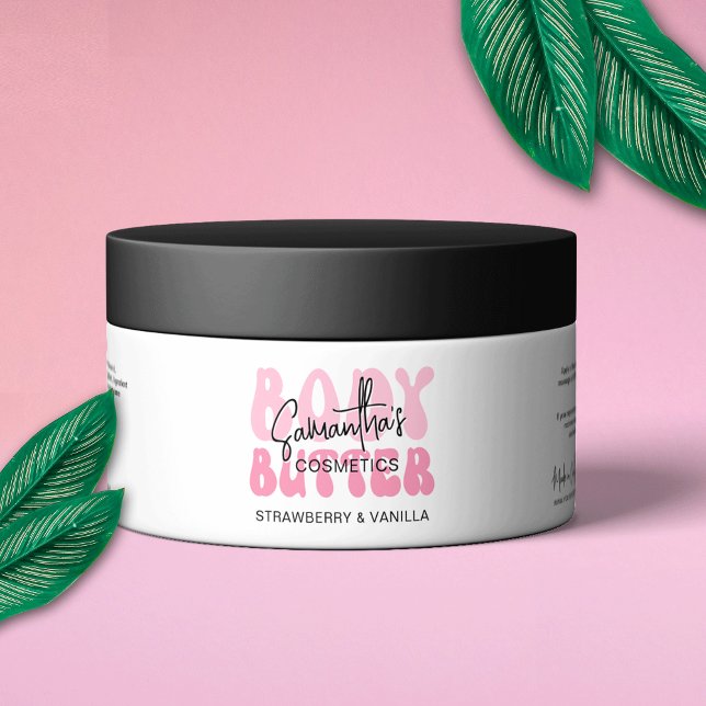 Pour Bouteilles D'eau Étiquette de broyeur à beurre tendance rose rétro (Trendy pink aesthetic body butter jar wrapper label featuring retro fonts and a modern design)