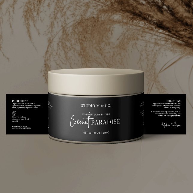 Pour Bouteilles D'eau Étiquette minimal noir blanc cosmétique ingrédient (Modern black jar wrapper ingredients label template with  fully editable text & colors)