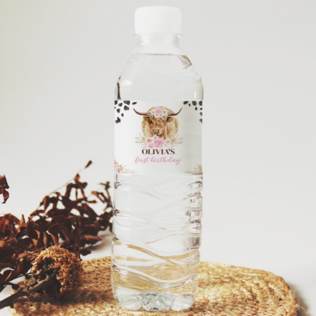 Pour Bouteilles D'eau Highland Cow Anniversaire Fête Étiquette de boutei (Créateur téléchargé)