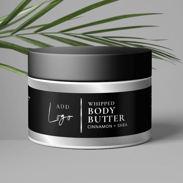 Pour Bouteilles D'eau Logo noir et argent Étiquette d'enveloppeur de pot (Elegant black and silver effect cosmetic jar wraparound label with your logo and custom  text)