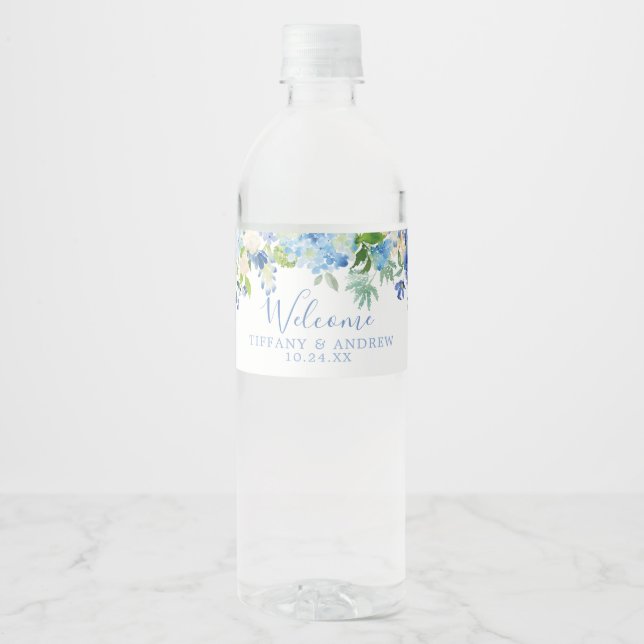 Pour Bouteilles D'eau Mariage Floral bleu Welcome Étiquette bouteille d' (Devant)