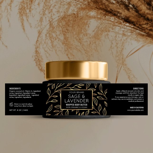 Pour Bouteilles D'eau Noir & Or Floral Cosmetic Jar Wraparound Étiquette (Elegant black and gold floral cosmetic jar wraparound label design with faux gold effects)