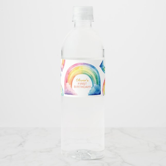Pour Bouteilles D'eau Rainbow Watercolor Girl Birthday Bottle Étiquette (Devant)