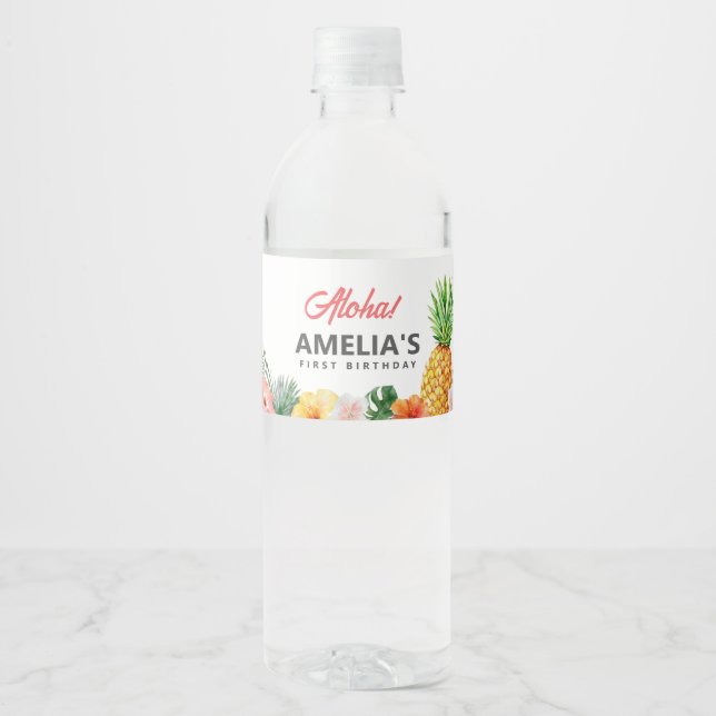 Pour Bouteilles D'eau Tropical Hawaiian Birthday Water Bottle Étiquette (Devant)