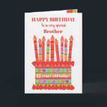 Pour Brother Custom Age Carte de gâteau d'annivers<br><div class="desc">Vous pouvez ajouter l'âge à cette carte d'anniversaire aux couleurs vives pour votre frère, avec un gâteau d'anniversaire aux fraises. Le gâteau a beaucoup de bougies avec différents motifs et il y a une bande à motifs autour du gâteau avec des fruits d'été colorés - fraises, framboises, citron vert et...</div>
