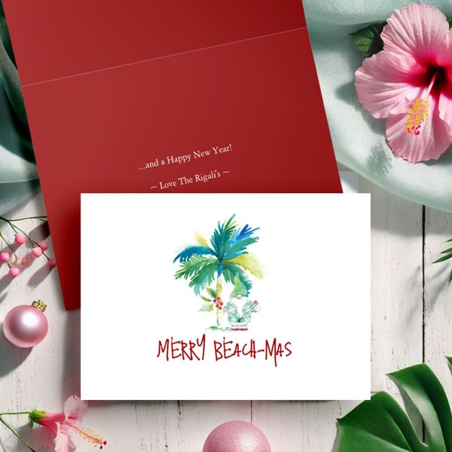 Pour Fêtes Annuelles Aquarelle Plage tropicale Plage pliée Cartes de No (Tropical beach folded Christmas cards palm tree and Santa art Victoria Grigaliunas beachmas)
