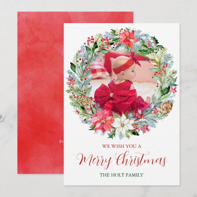 Pour Fêtes Annuelles Aquarelle Poinsettia Cartes photos de couronne de  (Devant / Derrière)