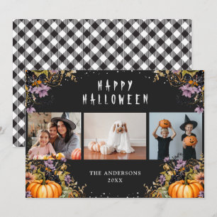 Pour Fêtes Annuelles Black Floral Citrouilles 3 Cartes d'Halloween phot
