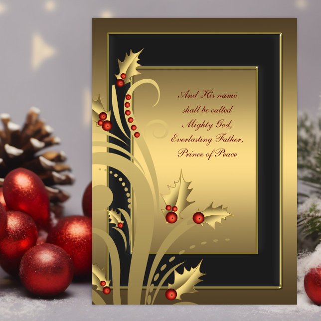 Pour Fêtes Annuelles Black Gold Holly Cartes de Noël chrétiennes (Christian Christmas card with red and gold holly on a black and gold background with scriptures.)