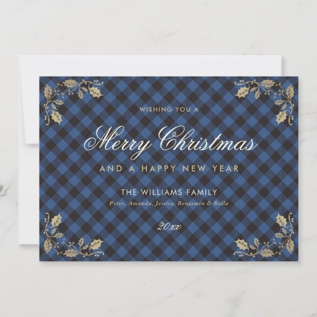 Pour Fêtes Annuelles Bleu Gold Plaid Noël Joyeuses cartes de nouvelle a (Devant)