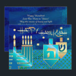 Pour Fêtes Annuelles Bonne Hanoukka. Cartes de voeux personnalisables<br><div class="desc">Heureux Hanoukka ! Menorah,  Gold Foil Dreidels et Star of David Design avec détails en feuille d'or Hanoukka Cartes de voeux / Hanoukka Célébration Invitations avec texte personnalisé. Cartes et cadeaux correspondants disponibles dans la catégorie Fêtes juives / Hanoukka de notre magasin.</div>