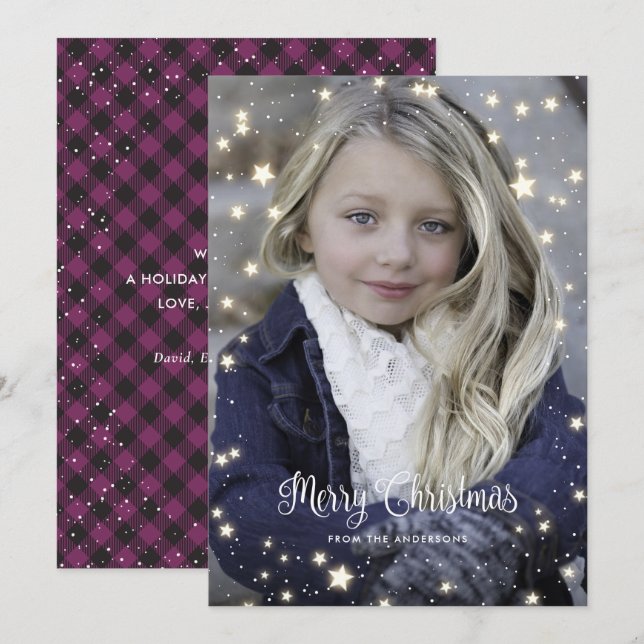 Pour Fêtes Annuelles Buffalo violet Plaid Stars Photo Cartes de Noël (Devant / Derrière)