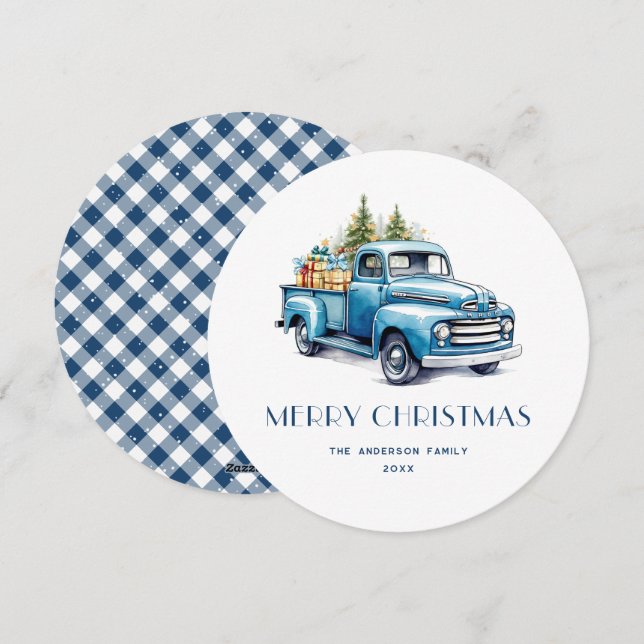 Pour Fêtes Annuelles Camion bleu rustique En vichy Cartes de Noël (Devant / Derrière)