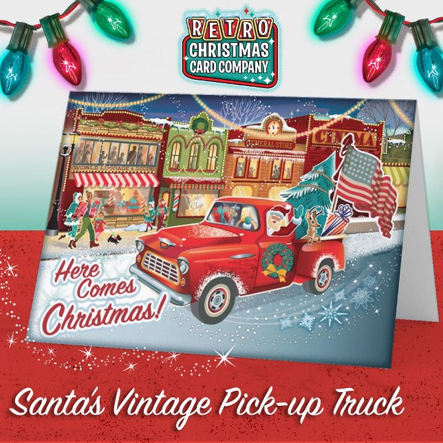 Pour Fêtes Annuelles Camion Santas Pick-up + USA Drapeau Cartes de Noël (Santa's Vintage Camper - All American Christmas Card)