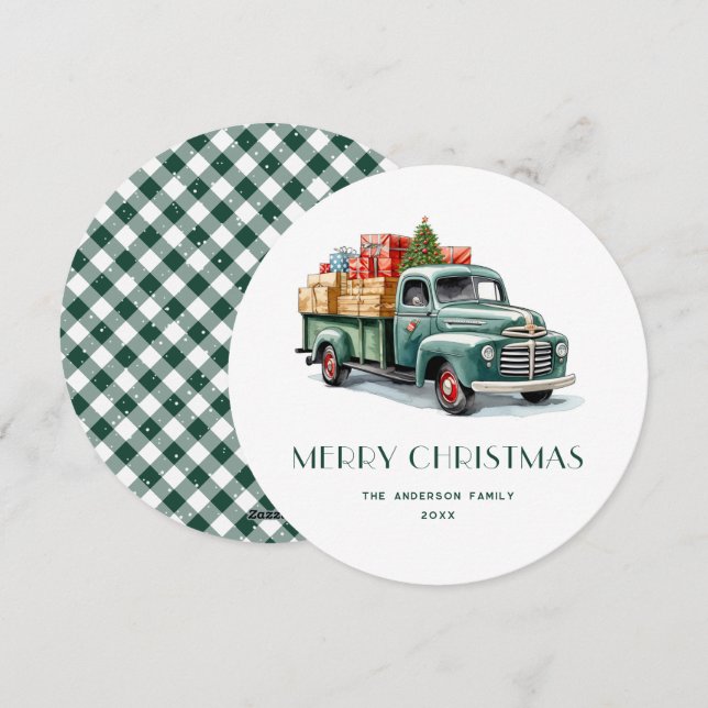 Pour Fêtes Annuelles Camion vert rustique En vichy Cartes de Noël Plaid (Devant / Derrière)