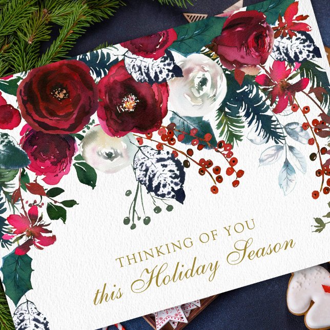 Pour Fêtes Annuelles Cartes de fin de année de Noël sympathiques | Bouq (Watercolor Winter Roses Remembrance Memorial Sympathy Cards)