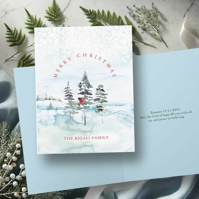 Pour Fêtes Annuelles Cartes de Noël aquarelle avec versets bibliques (Christmas card bible verses features watercolor snowy pine tree art & cardinal Victoria Grigaliunas)