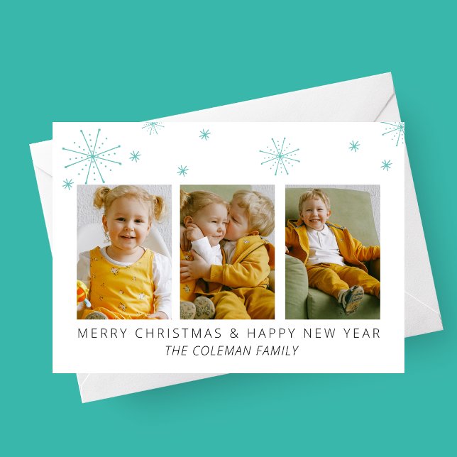 Pour Fêtes Annuelles Cartes de Noël avec flocons de neige modernes 3 Ph (Stylish Modern Snowflakes 3 Photo Family Christmas Card | Holiday Photo Card)