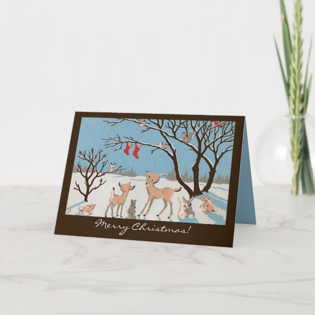 Pour Fêtes Annuelles Cartes de Noël Brown/Bleues Forêt Surprise (Devant)